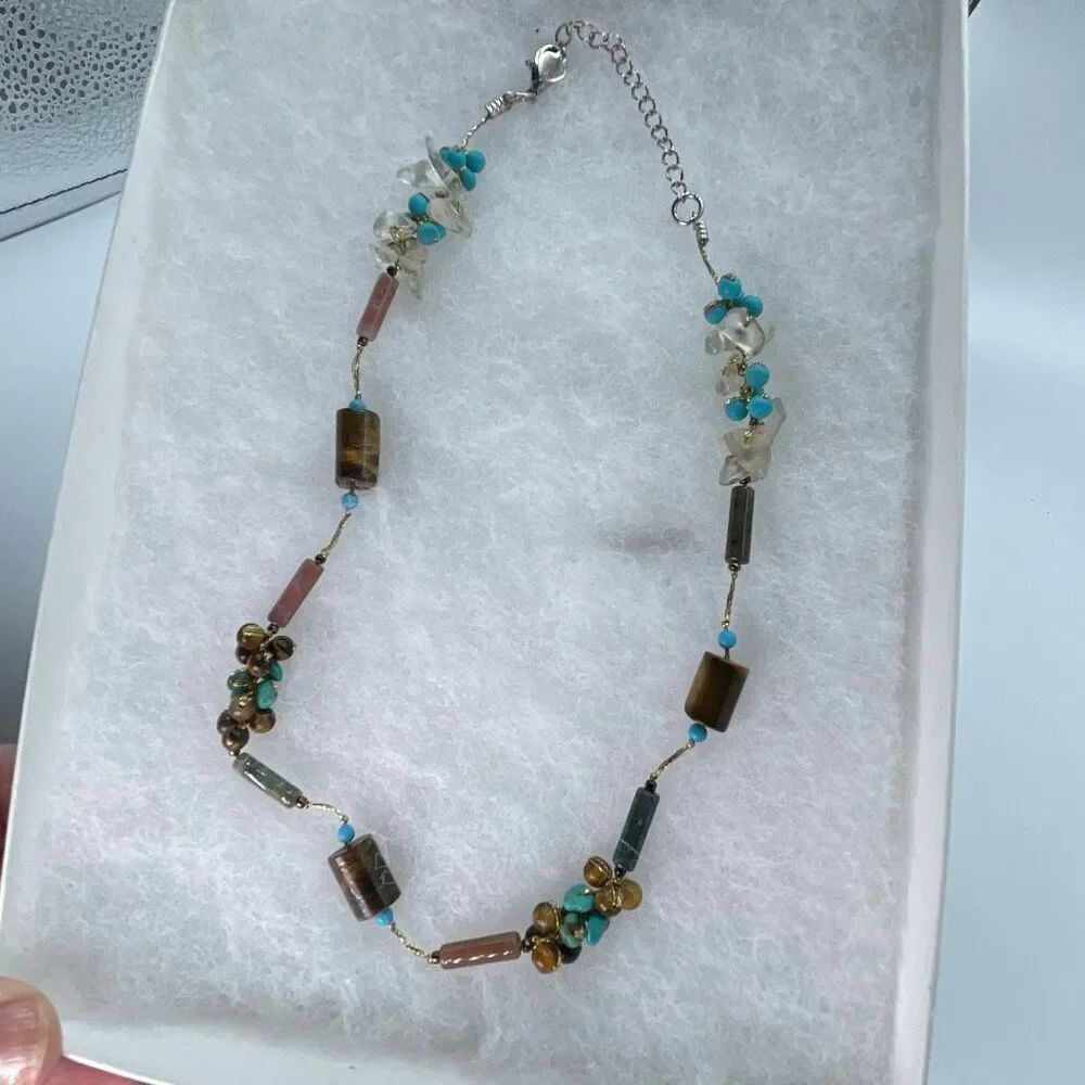 Artisan multi-gemstone beaded necklace, clear quartz turquoise tigereye